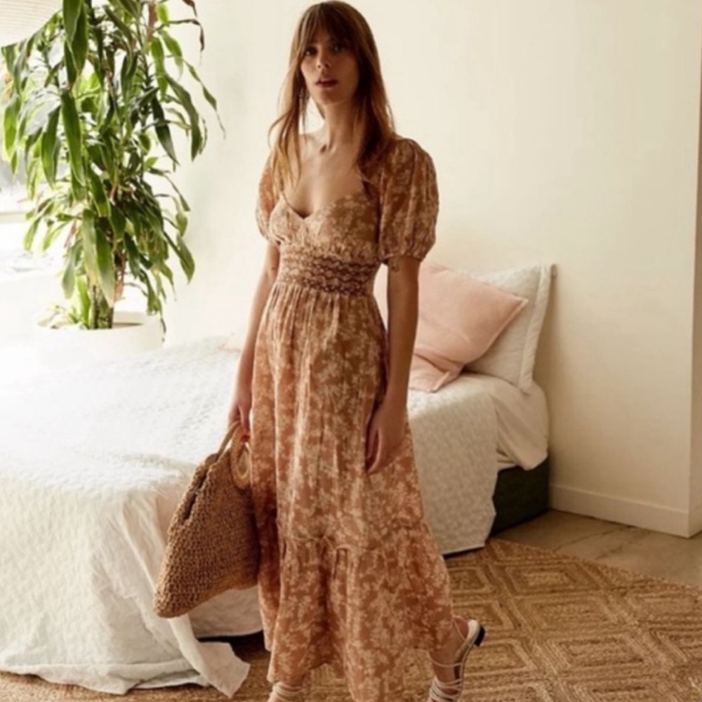 Free People Ellie Print Smocked Midi Dress Cotton